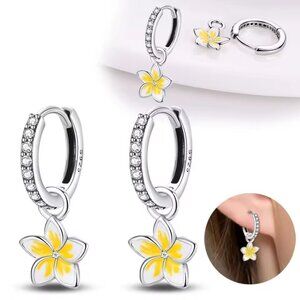 NEW 🌸 925 Sterling Silver Plumeria Flower Dangle Hoop Earrings | Zircon Inlaid